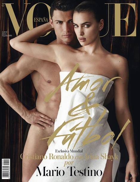 Cristiano Ronaldo e la sua fidanzata Irina Shayk sulla copertina di Vogue. Twitter